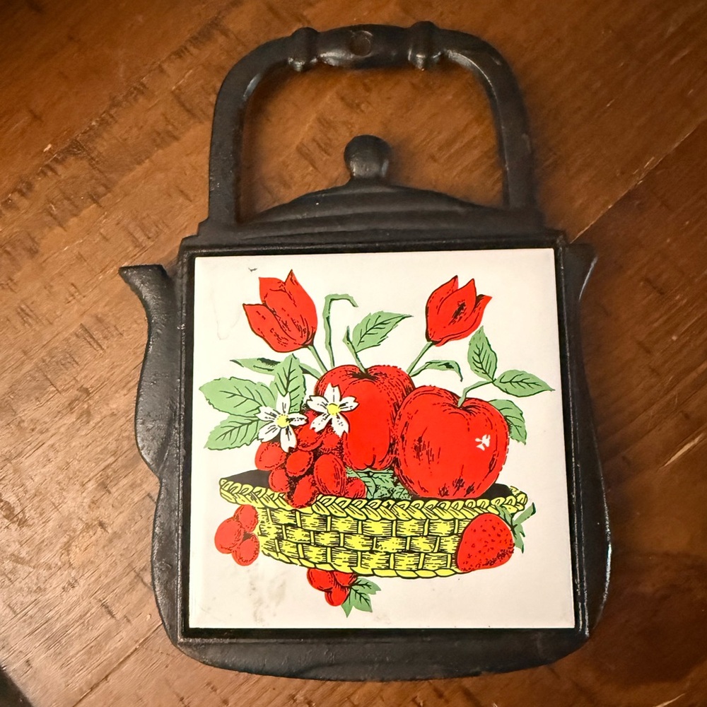 Vintage Cast Iron Teapot Ceramic Trivet with Fruit Design